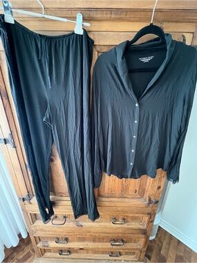 Victoria's Secret Black Long-Sleeve Pajama Set with lace detail. Size Large